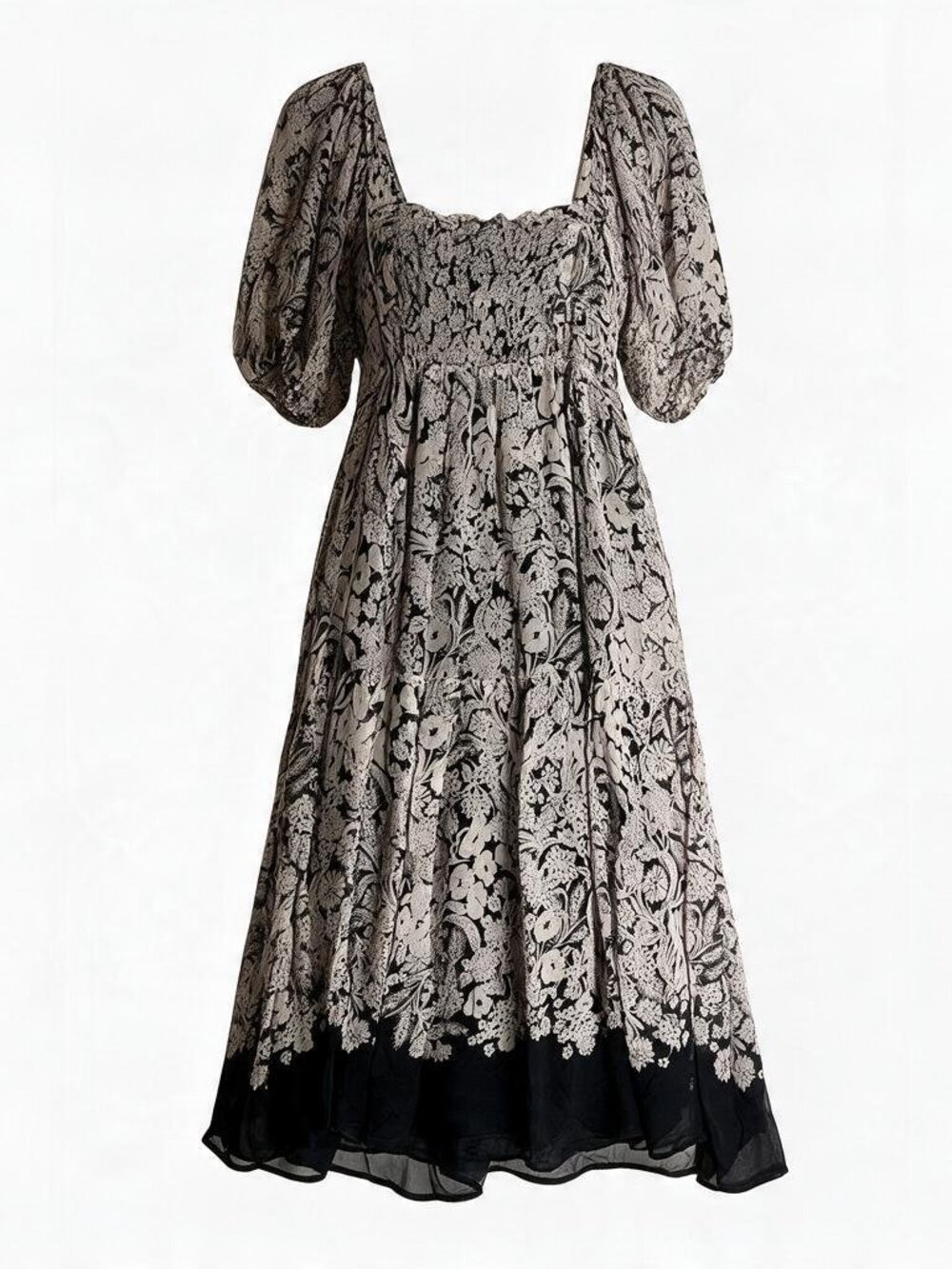 Anthropologie Black Floral Midi Dress Smocked Boho Puff Sleeve Romantic Flowy